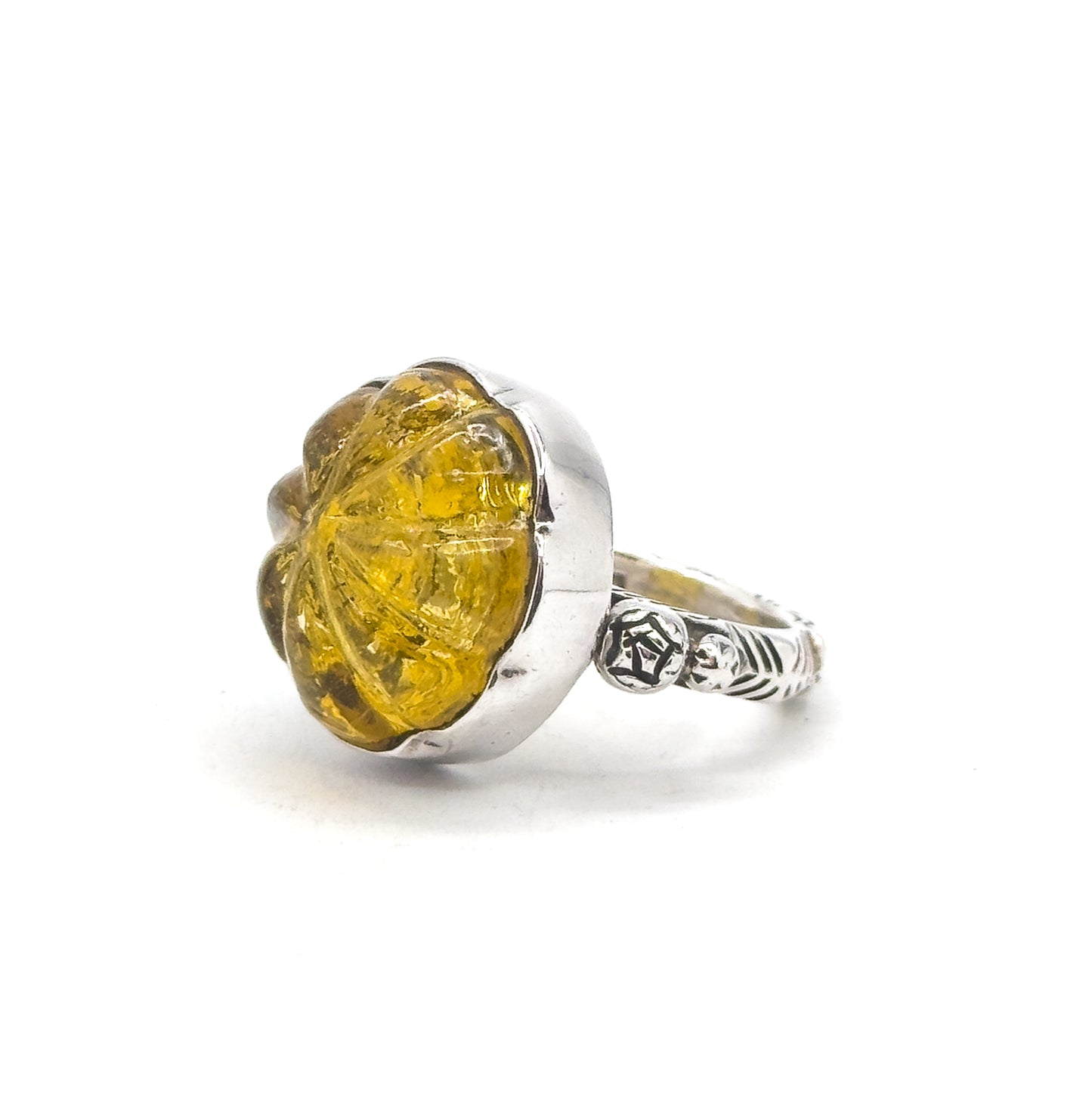 Vintage Yellow Glass Pumpkin Ring in Silver