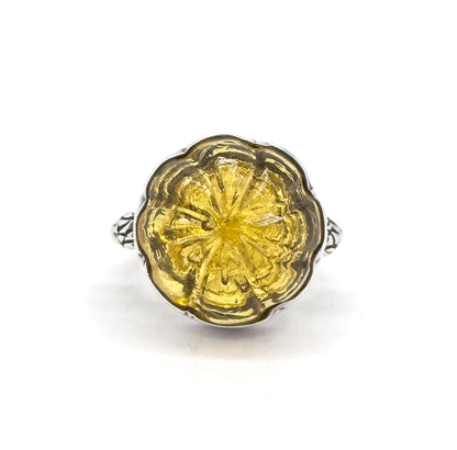 Vintage Yellow Glass Pumpkin Ring in Silver