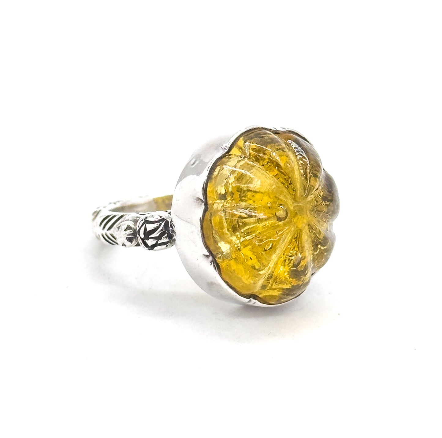 Vintage Yellow Glass Pumpkin Ring in Silver