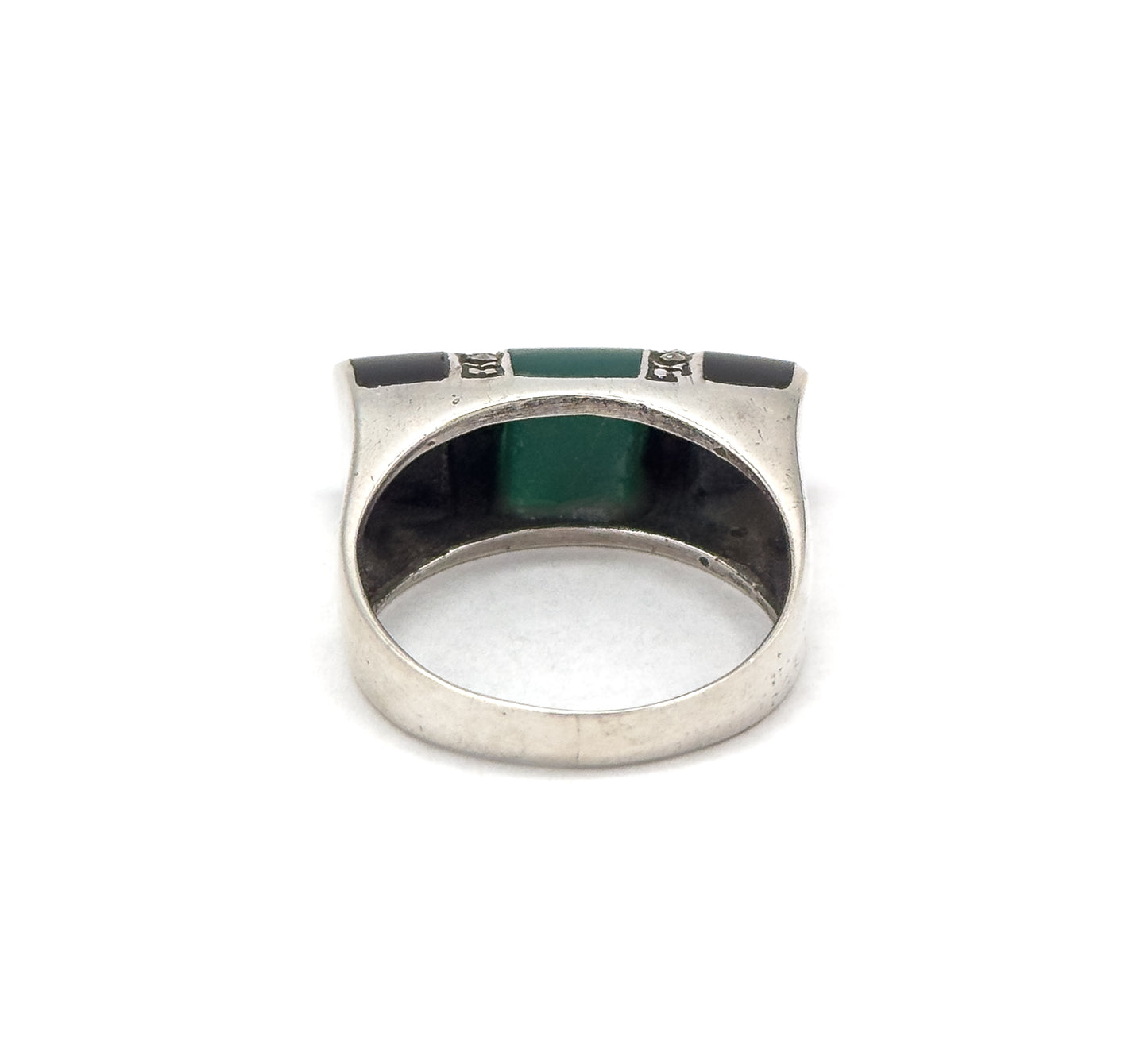 Art Deco Style tank Ring with Chrysoprase onyx and marcasite, saddle ring