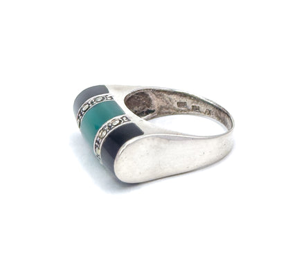 Art Deco Style tank Ring with Chrysoprase onyx and marcasite, saddle ring