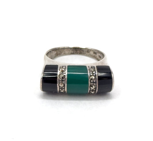 Art Deco Style tank Ring with Chrysoprase onyx and marcasite, saddle ring