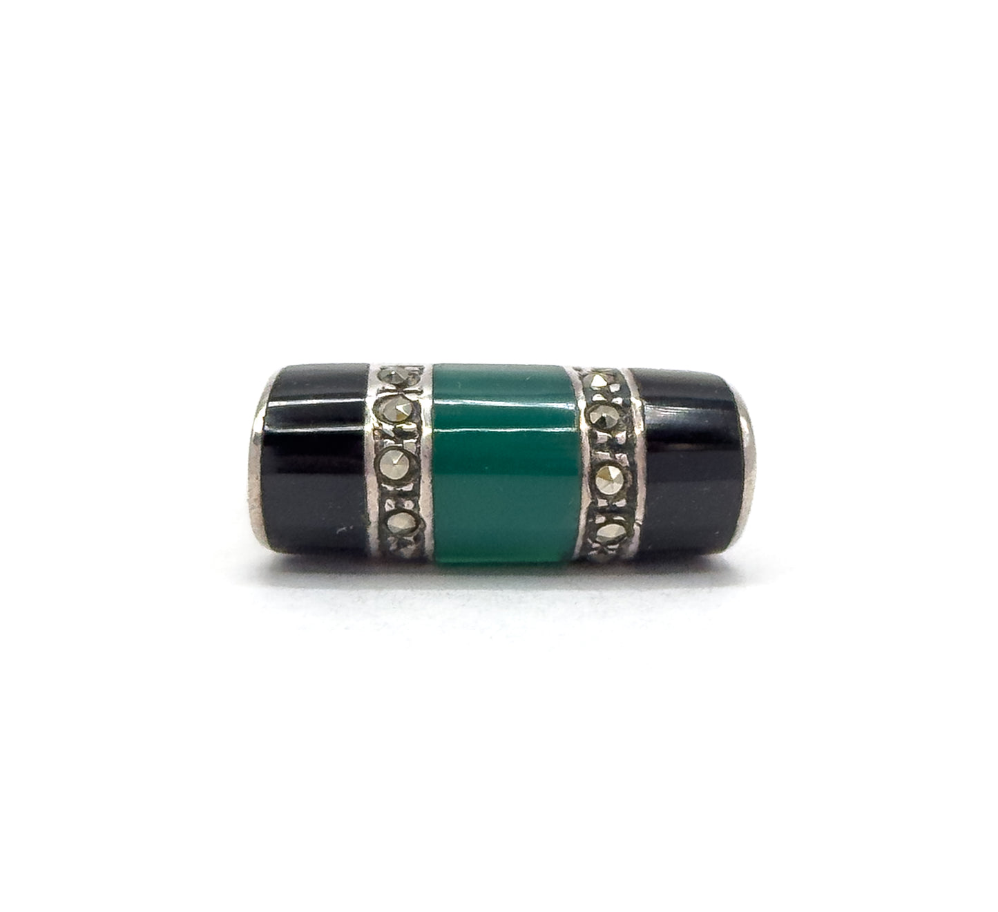 Art Deco Style tank Ring with Chrysoprase onyx and marcasite, saddle ring