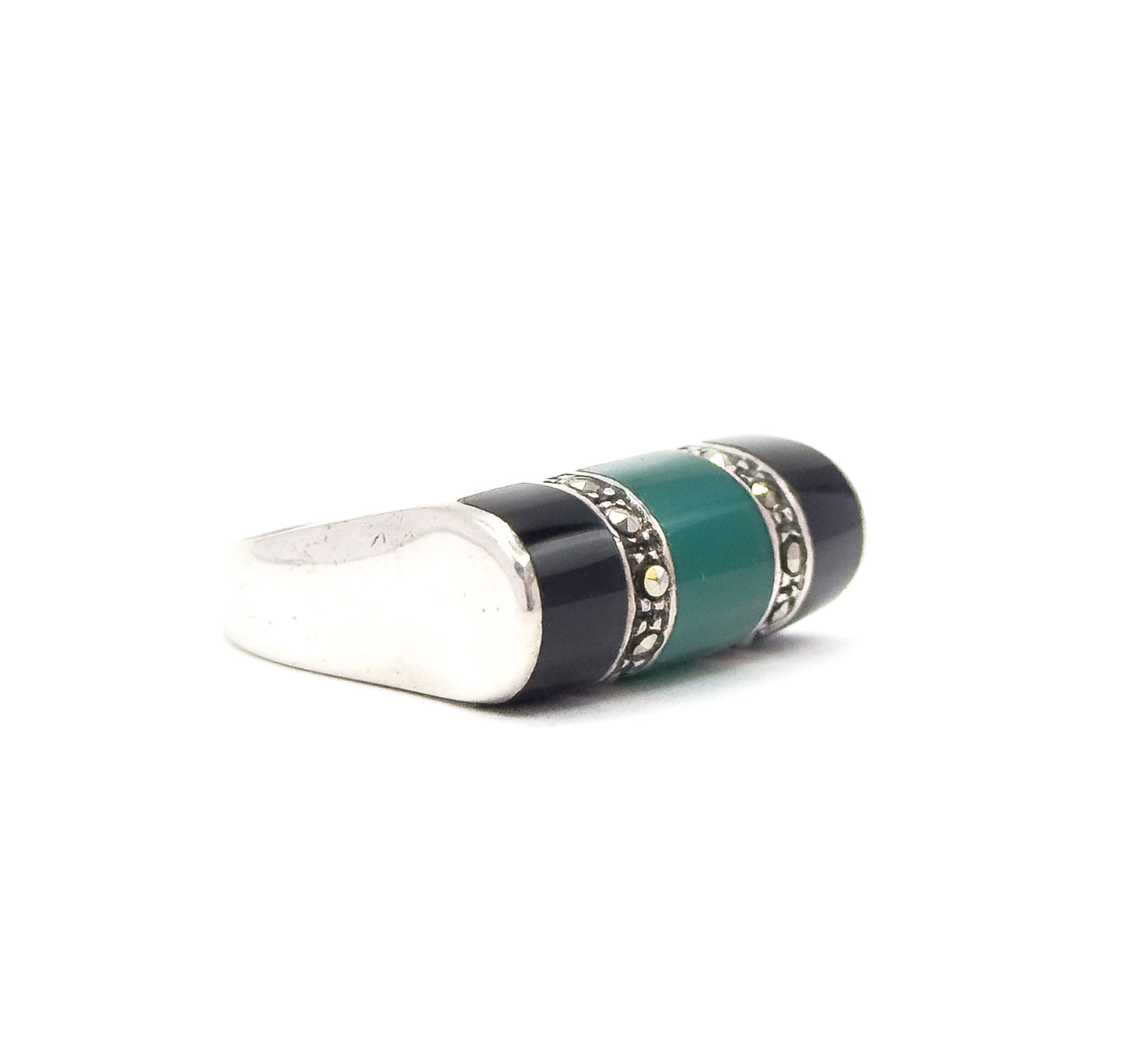 Art Deco Style tank Ring with Chrysoprase onyx and marcasite, saddle ring