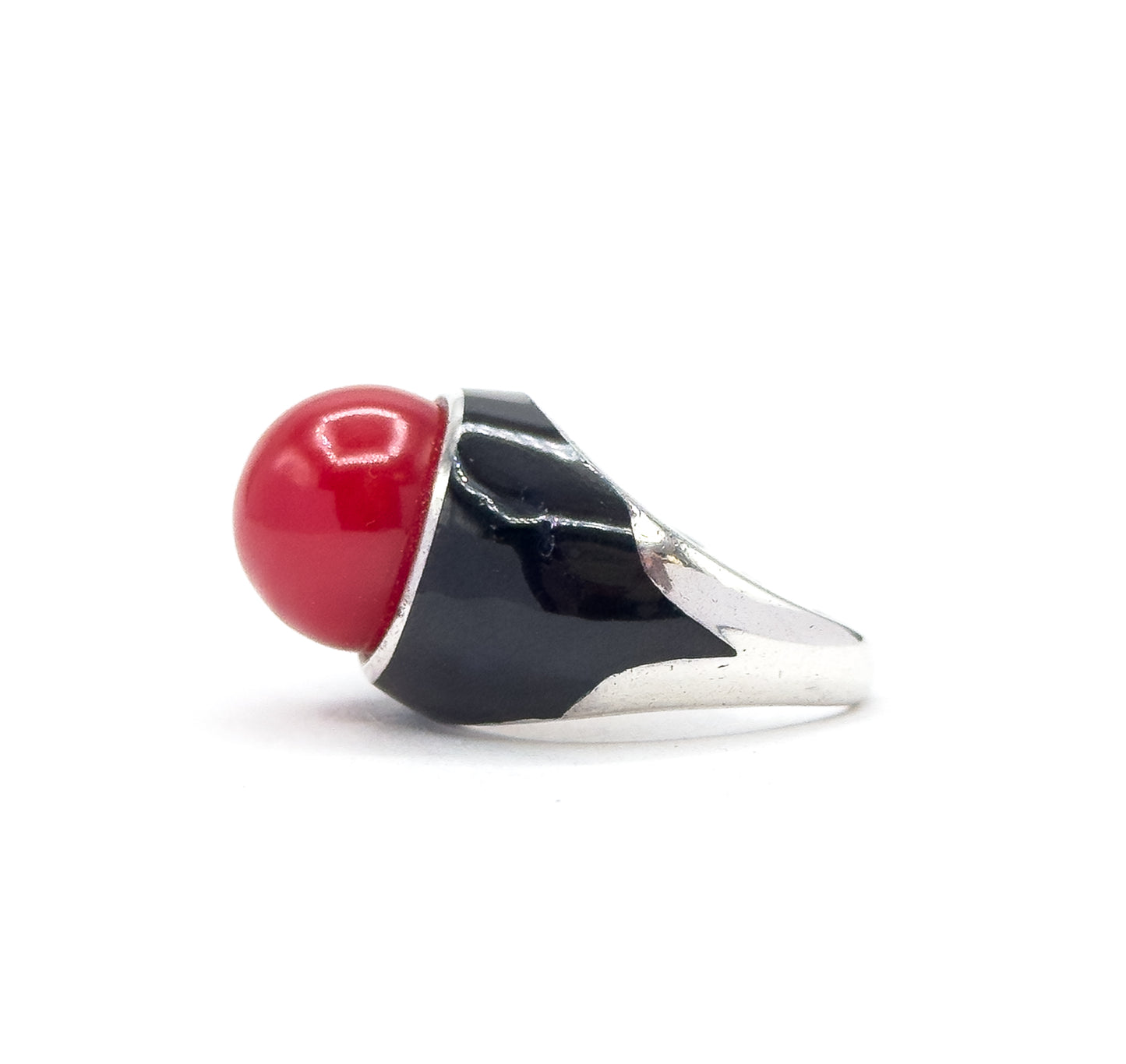 Mid-Century Red Orb & Enamel Statement Ring in Silver