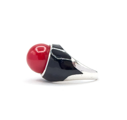 Mid-Century Red Orb & Enamel Statement Ring in Silver