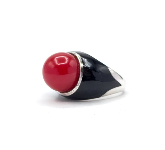 Mid-Century Red Orb & Enamel Statement Ring in Silver