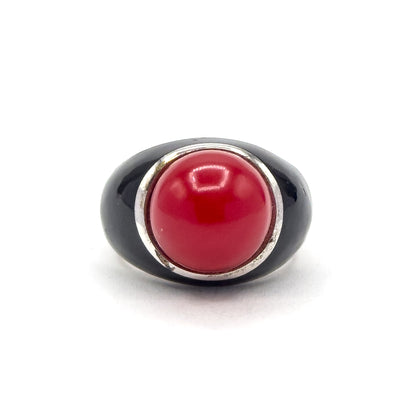 Mid-Century Red Orb & Enamel Statement Ring in Silver
