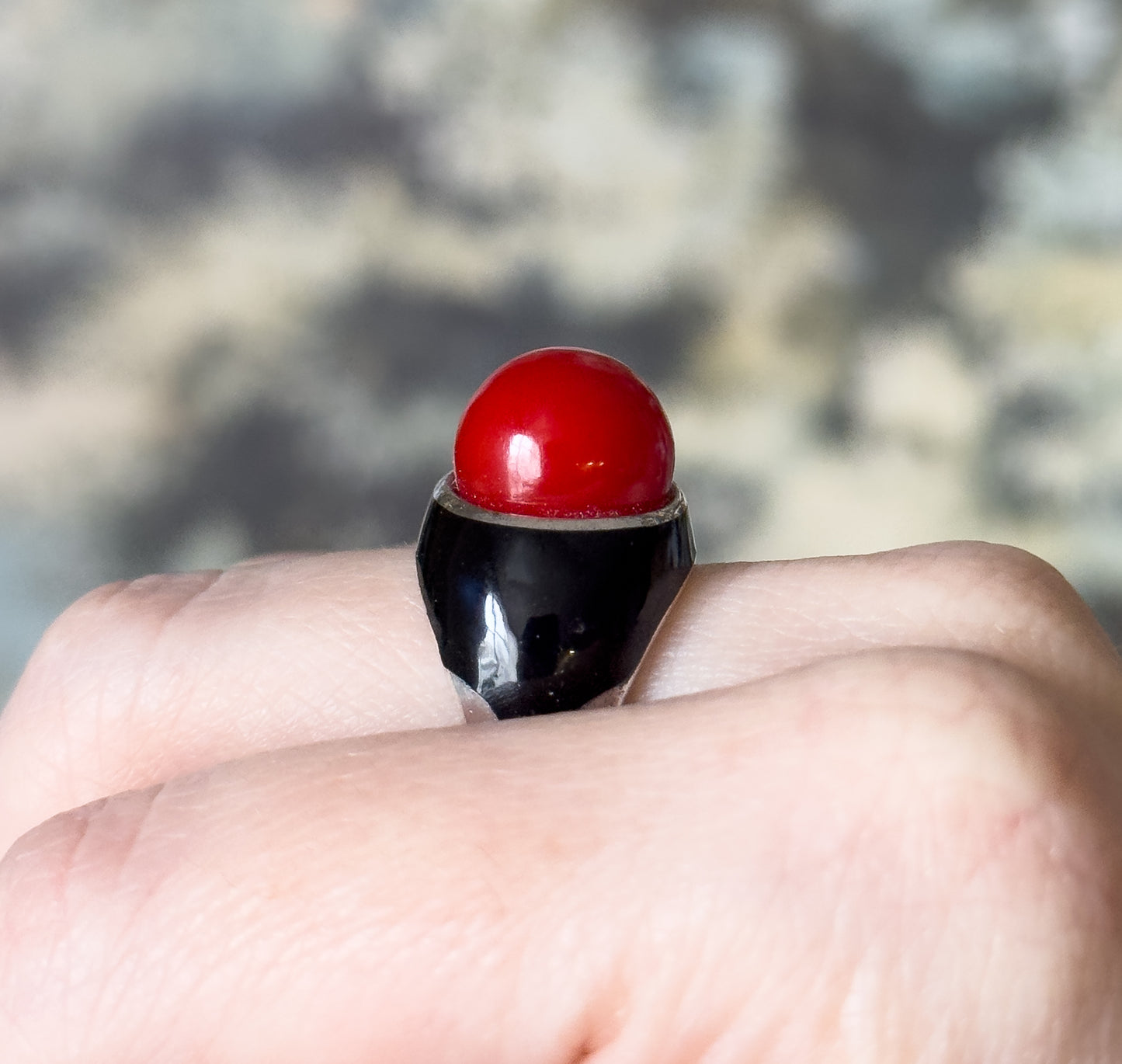 Mid-Century Red Orb & Enamel Statement Ring in Silver