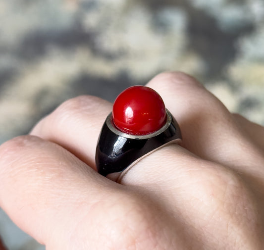 Mid-Century Red Orb & Enamel Statement Ring in Silver