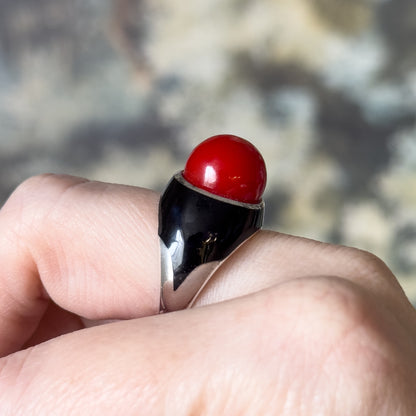 Mid-Century Red Orb & Enamel Statement Ring in Silver