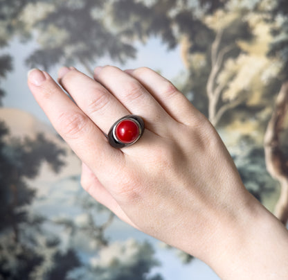 Mid-Century Red Orb & Enamel Statement Ring in Silver
