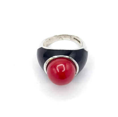 Mid-Century Red Orb & Enamel Statement Ring in Silver