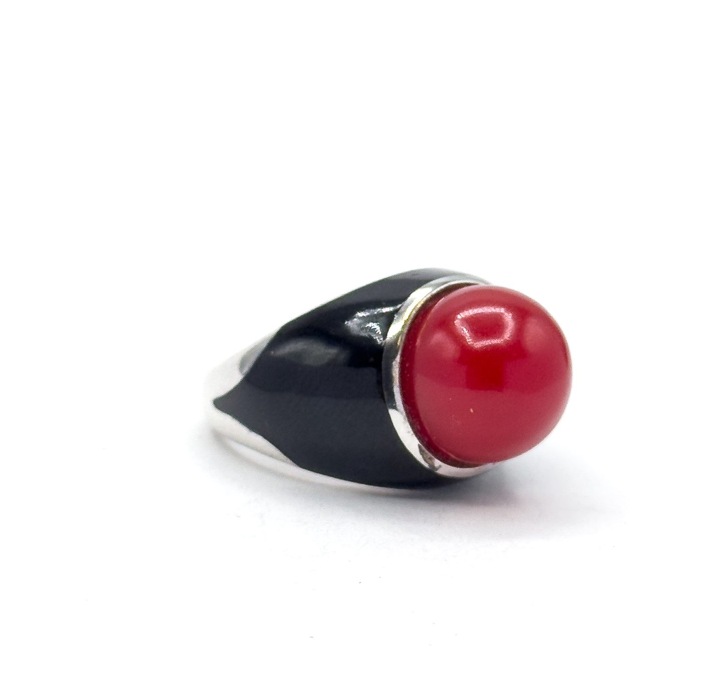 Mid-Century Red Orb & Enamel Statement Ring in Silver
