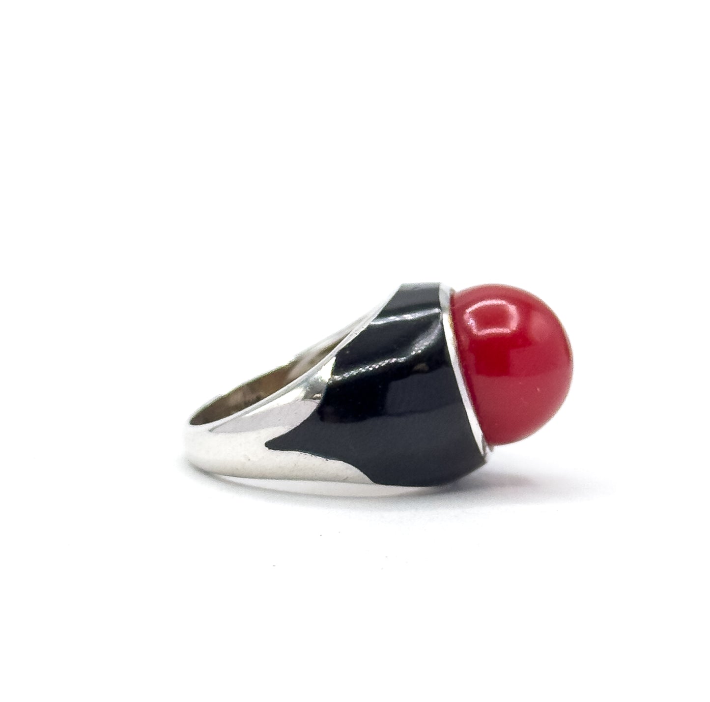 Mid-Century Red Orb & Enamel Statement Ring in Silver