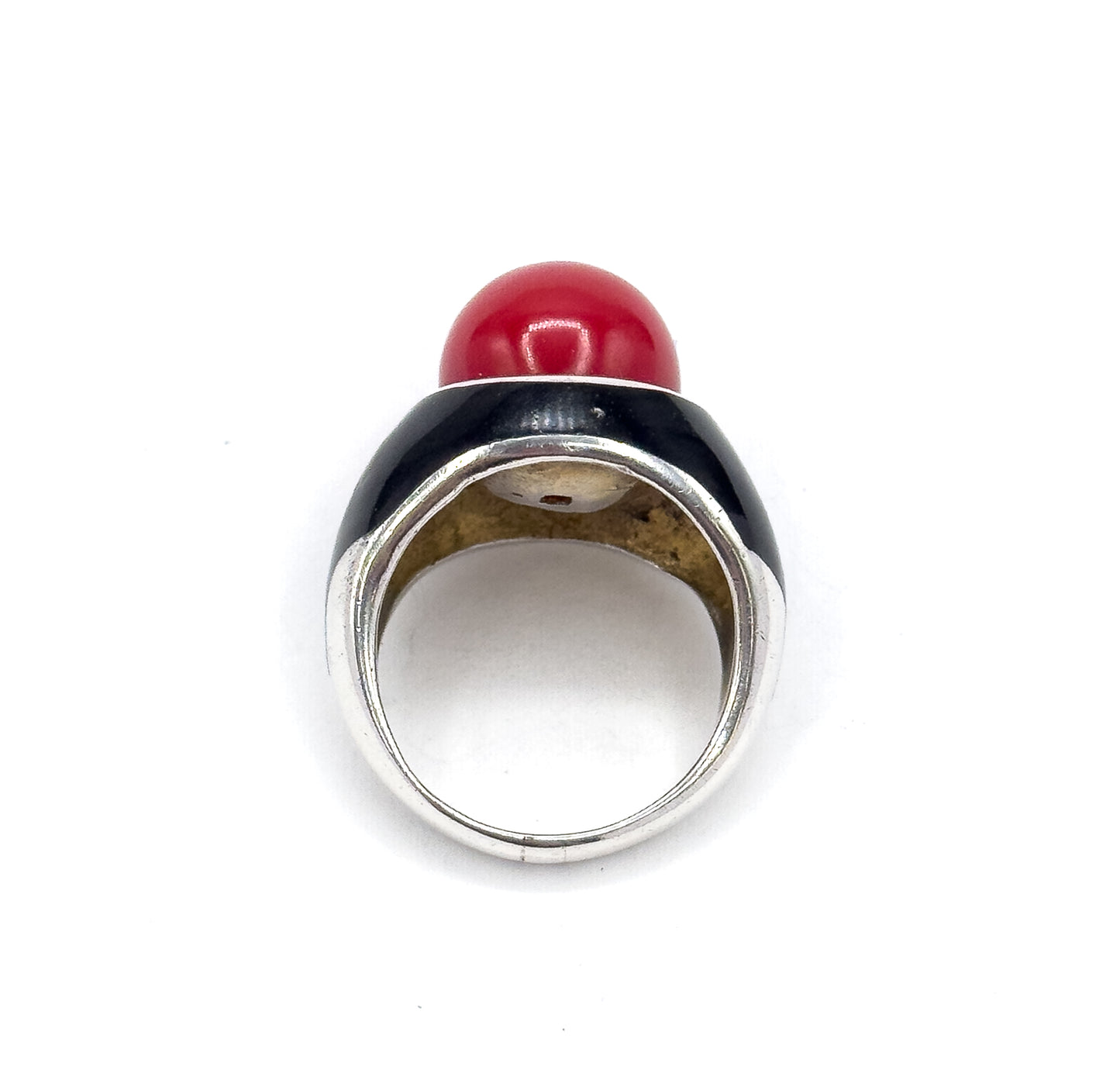 Mid-Century Red Orb & Enamel Statement Ring in Silver