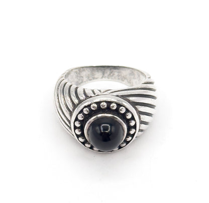 Chunky Vintage Onyx Cabochon Cable Design Ring in Silver