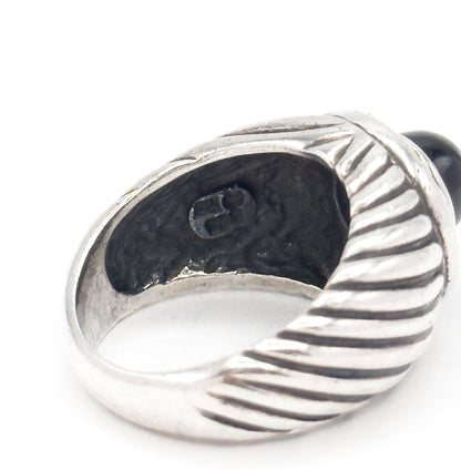 Chunky Vintage Onyx Cabochon Cable Design Ring in Silver