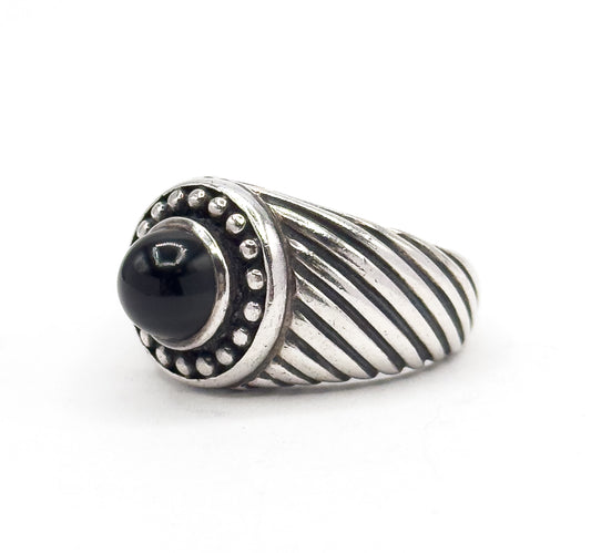 Chunky Vintage Onyx Cabochon Cable Design Ring in Silver