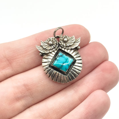 Mid-Century Turquoise Owl Pendant in Sterling Silver
