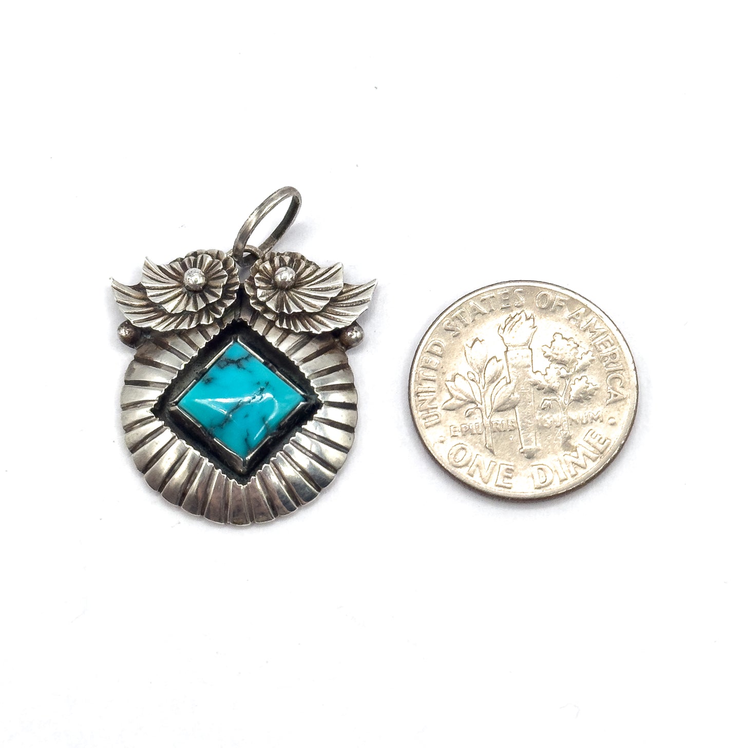 Mid-Century Turquoise Owl Pendant in Sterling Silver