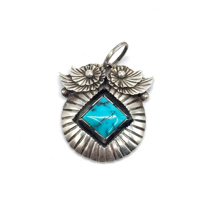 Mid-Century Turquoise Owl Pendant in Sterling Silver