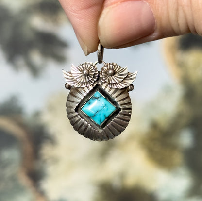 Mid-Century Turquoise Owl Pendant in Sterling Silver