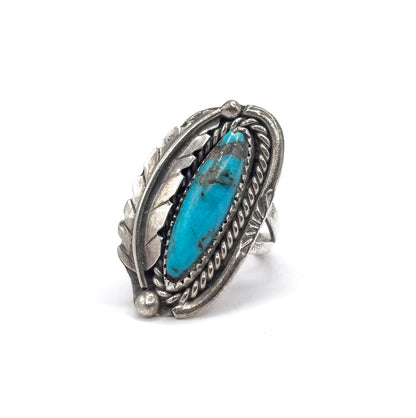 Vintage Turquoise Cabochon Feather Ring in Sterling Silver