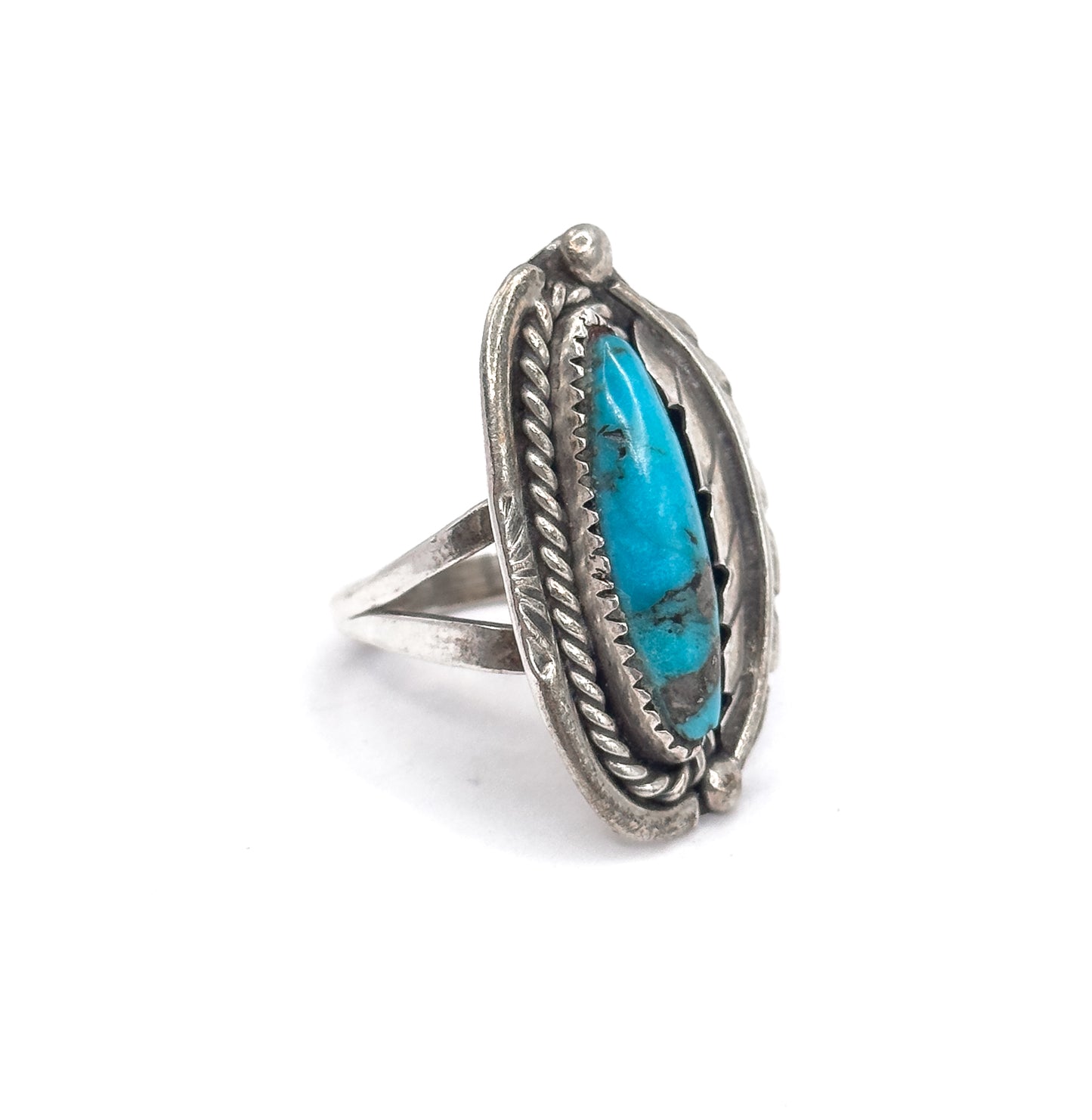 Vintage Turquoise Cabochon Feather Ring in Sterling Silver