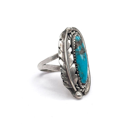 Vintage Turquoise Cabochon Feather Ring in Sterling Silver