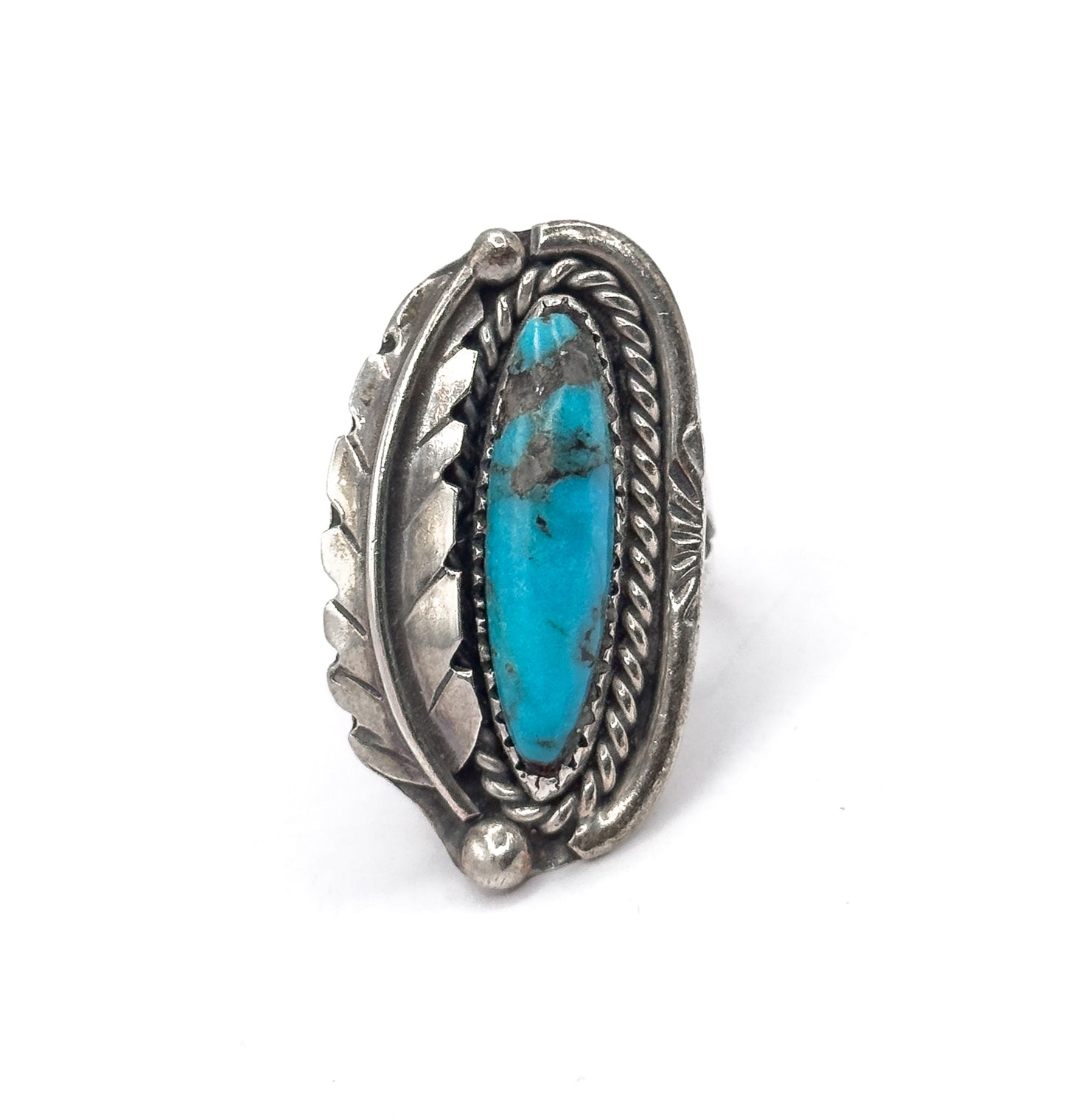 Vintage Turquoise Cabochon Feather Ring in Sterling Silver