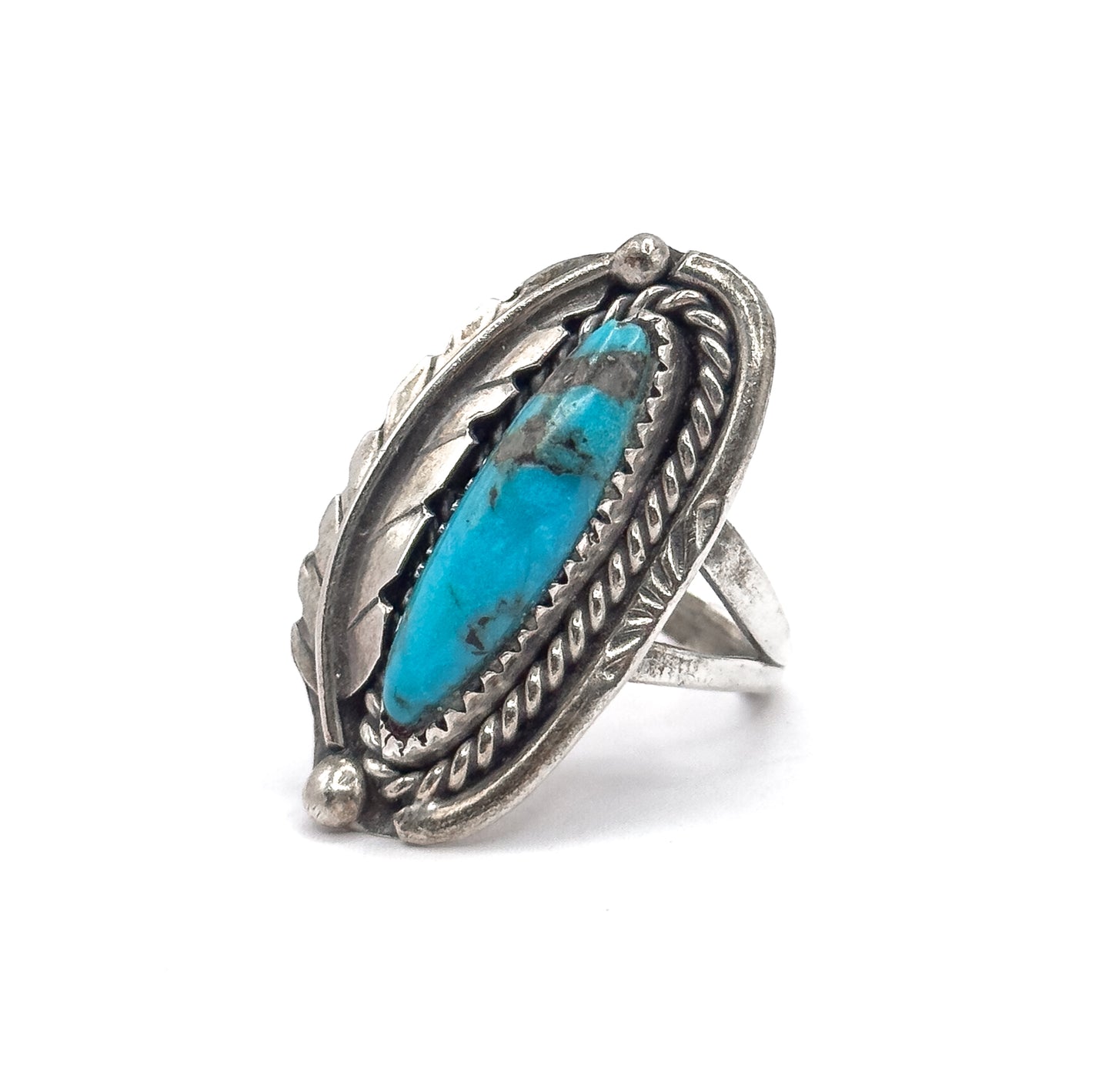 Vintage Turquoise Cabochon Feather Ring in Sterling Silver