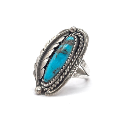 Vintage Turquoise Cabochon Feather Ring in Sterling Silver