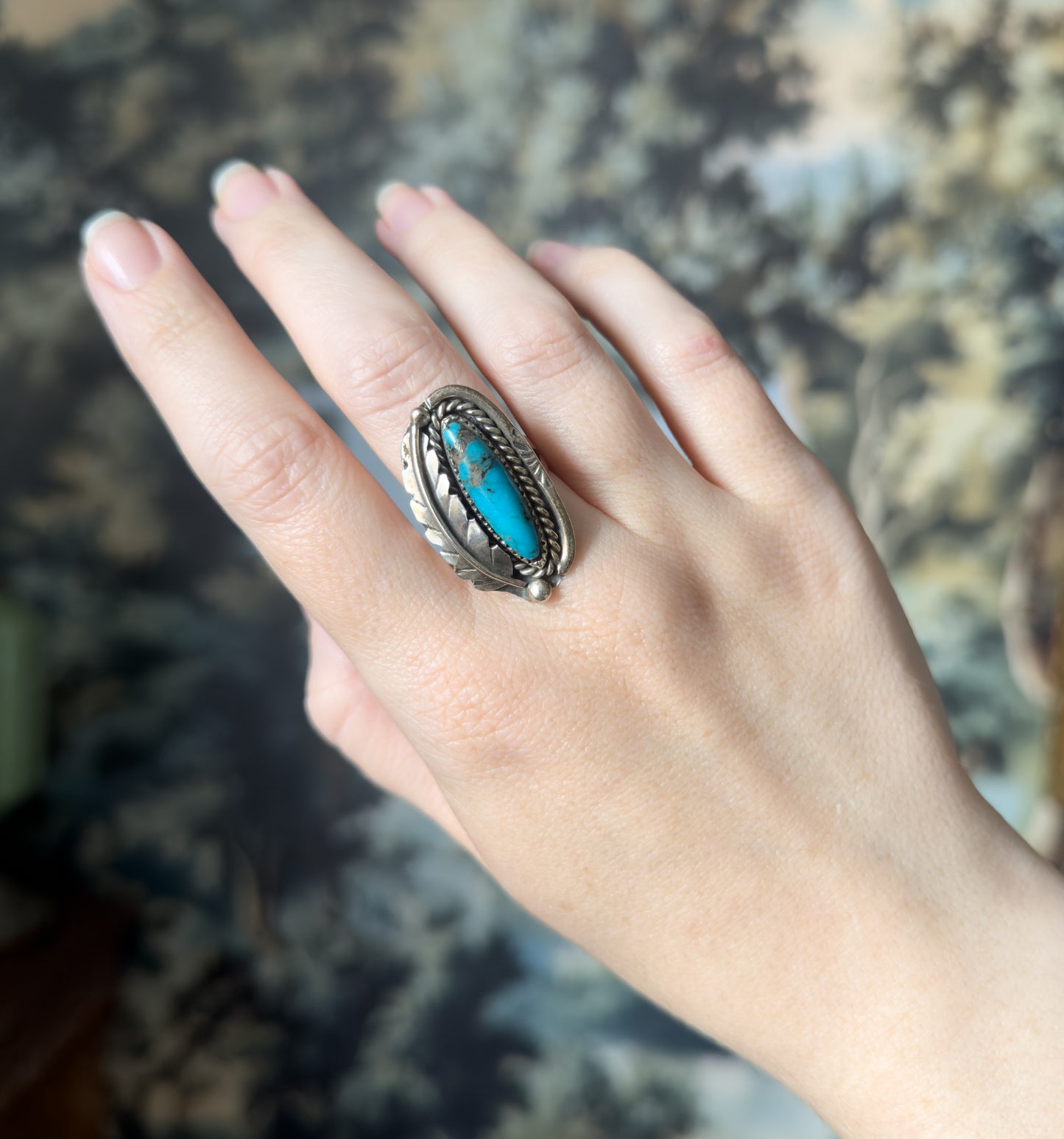 Vintage Turquoise Cabochon Feather Ring in Sterling Silver