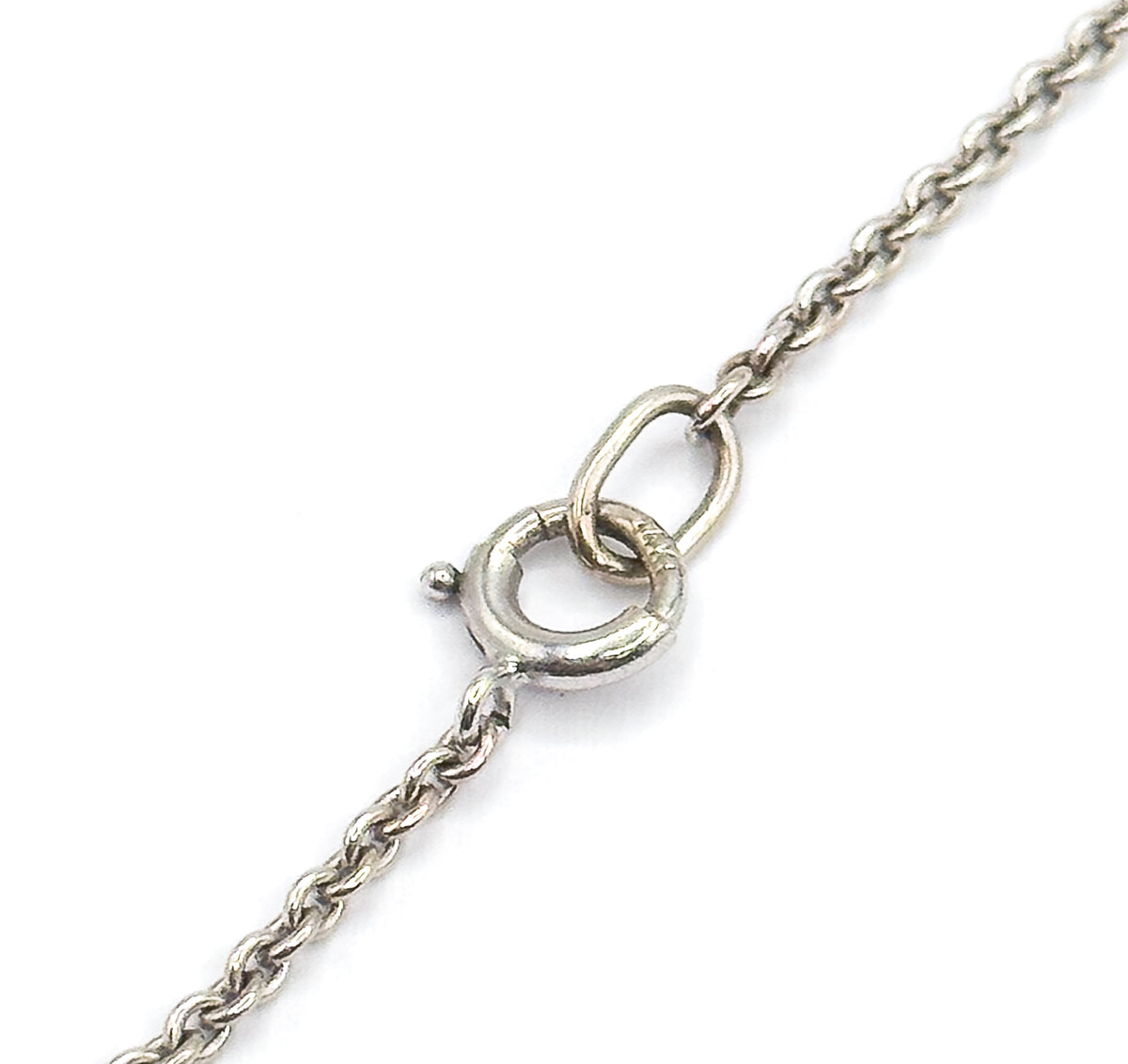 Close view of the white gold chain's spring ring clasp hooked through an oval link, showing the fine round cable links running away in both directions.