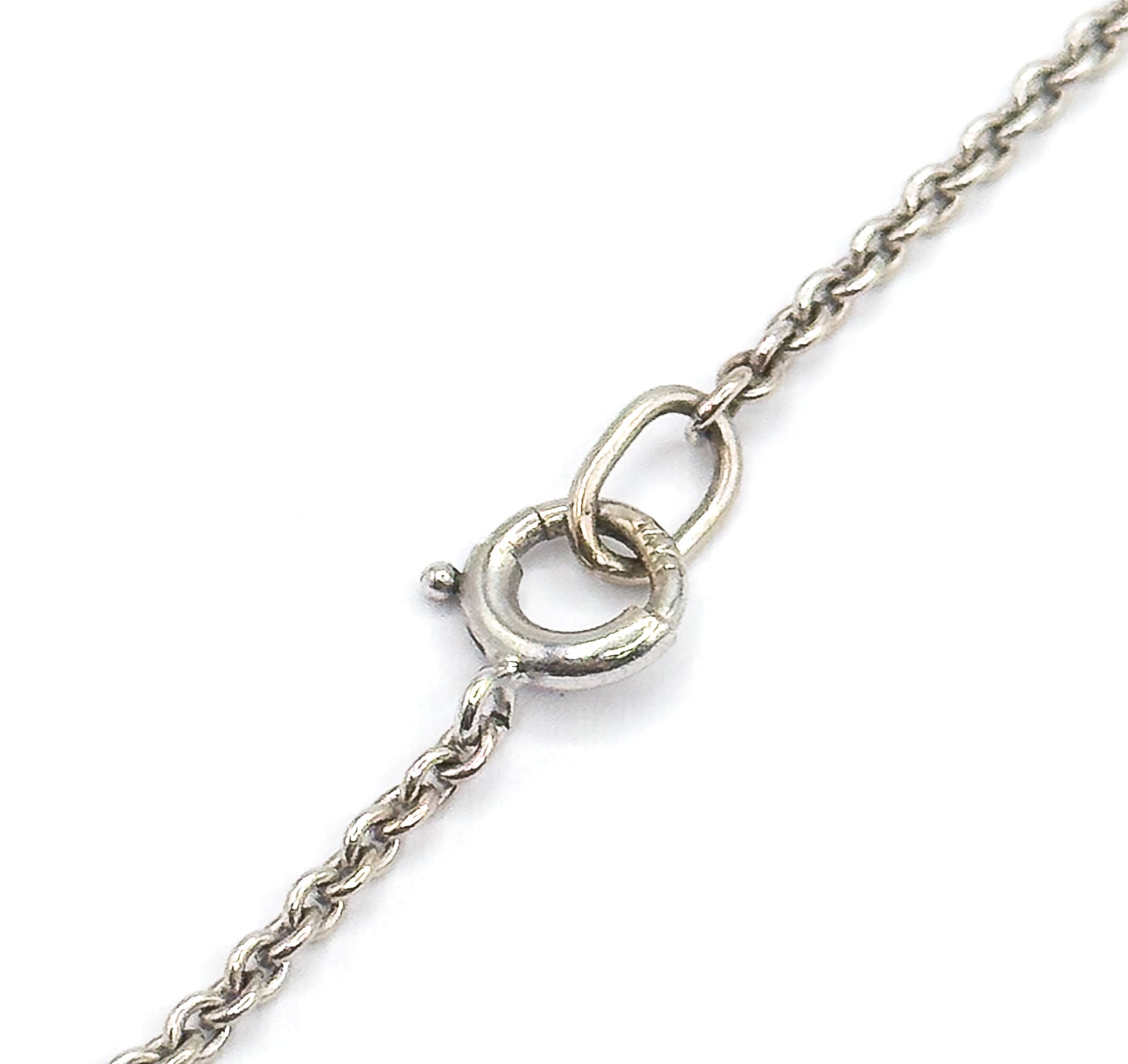 Close view of the white gold chain's spring ring clasp hooked through an oval link, showing the fine round cable links running away in both directions.