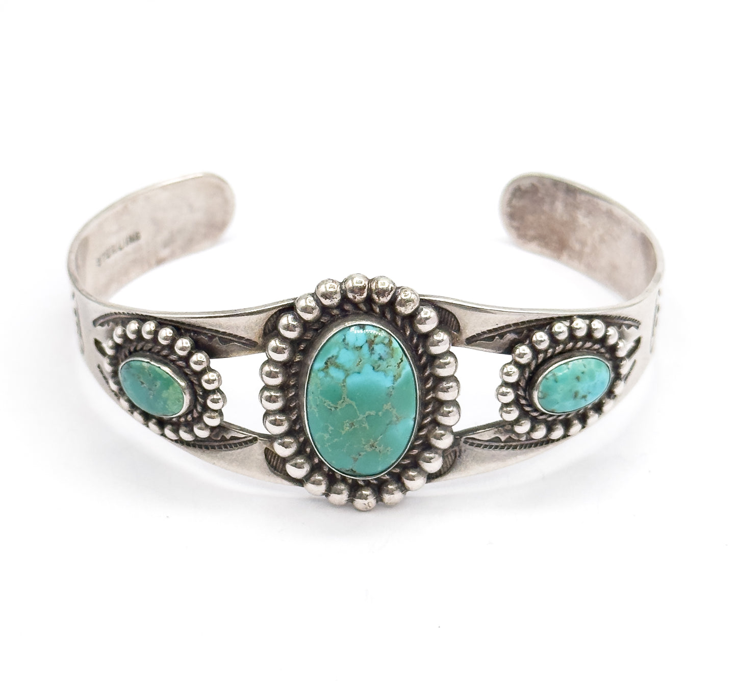 Vintage Turquoise Cabochon Cuff Bracelet in Sterling Silver