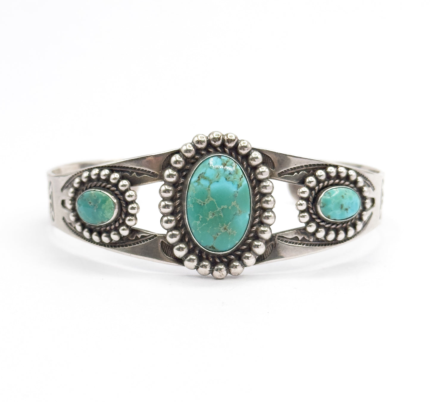Vintage Turquoise Cabochon Cuff Bracelet in Sterling Silver
