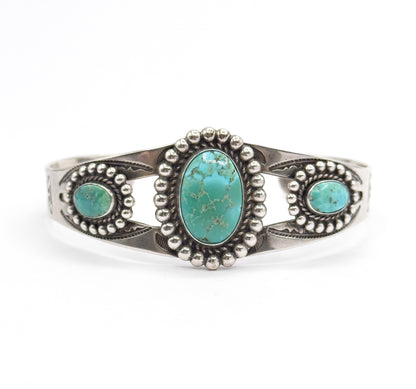 Vintage Turquoise Cabochon Cuff Bracelet in Sterling Silver