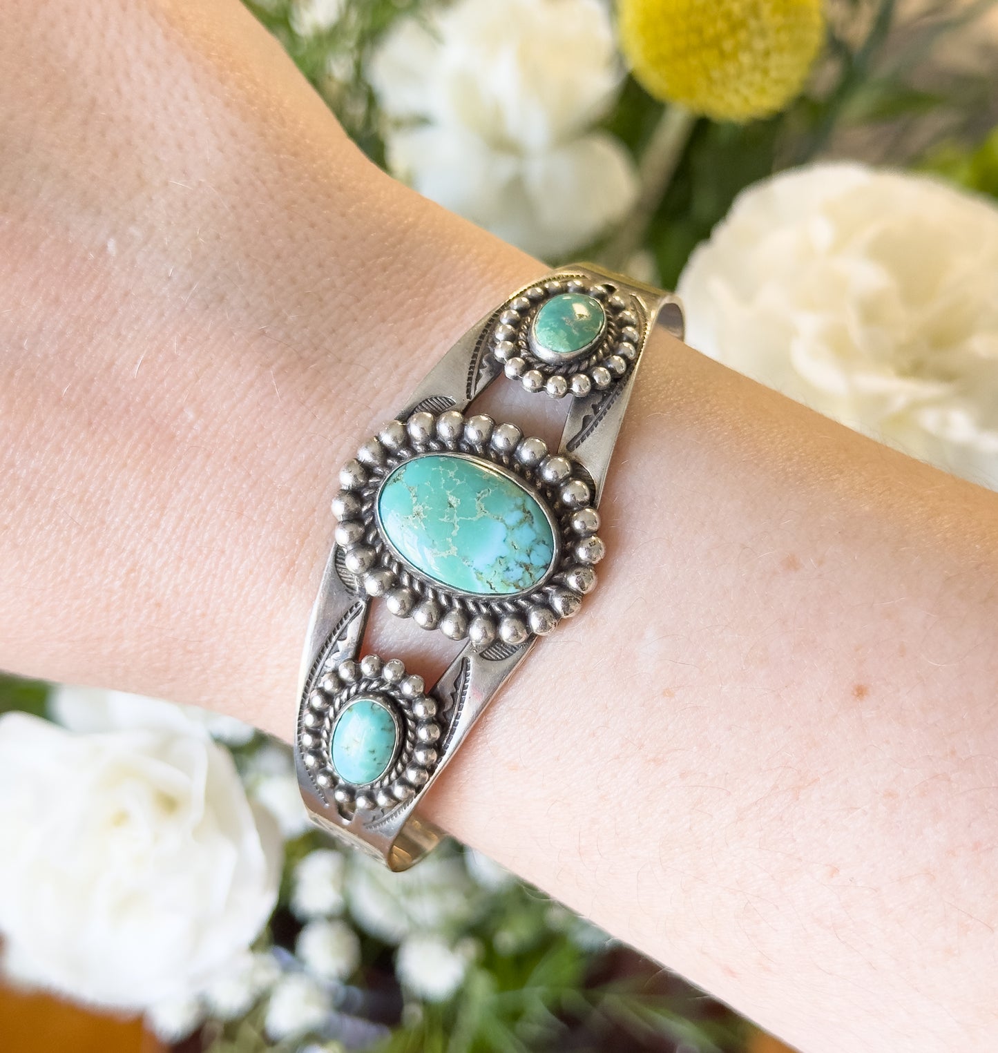 Vintage Turquoise Cabochon Cuff Bracelet in Sterling Silver