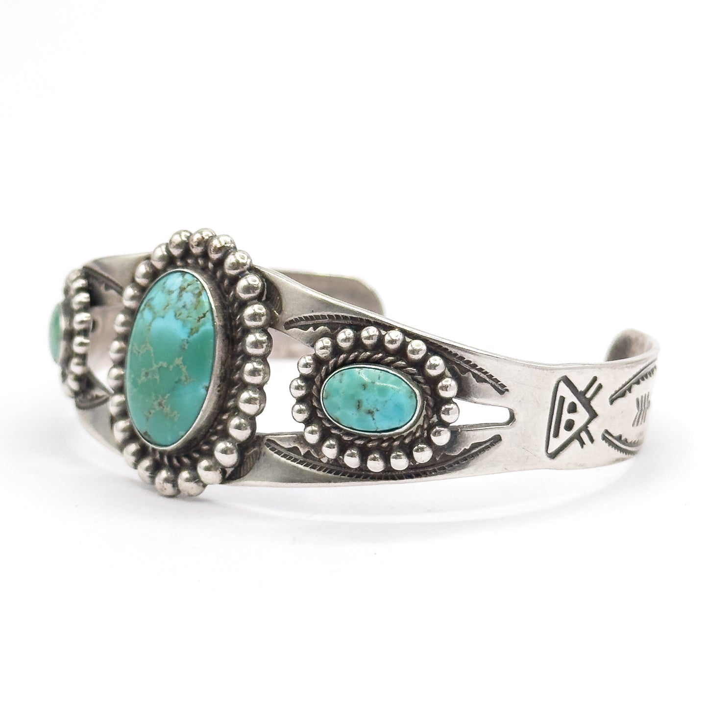 Vintage Turquoise Cabochon Cuff Bracelet in Sterling Silver