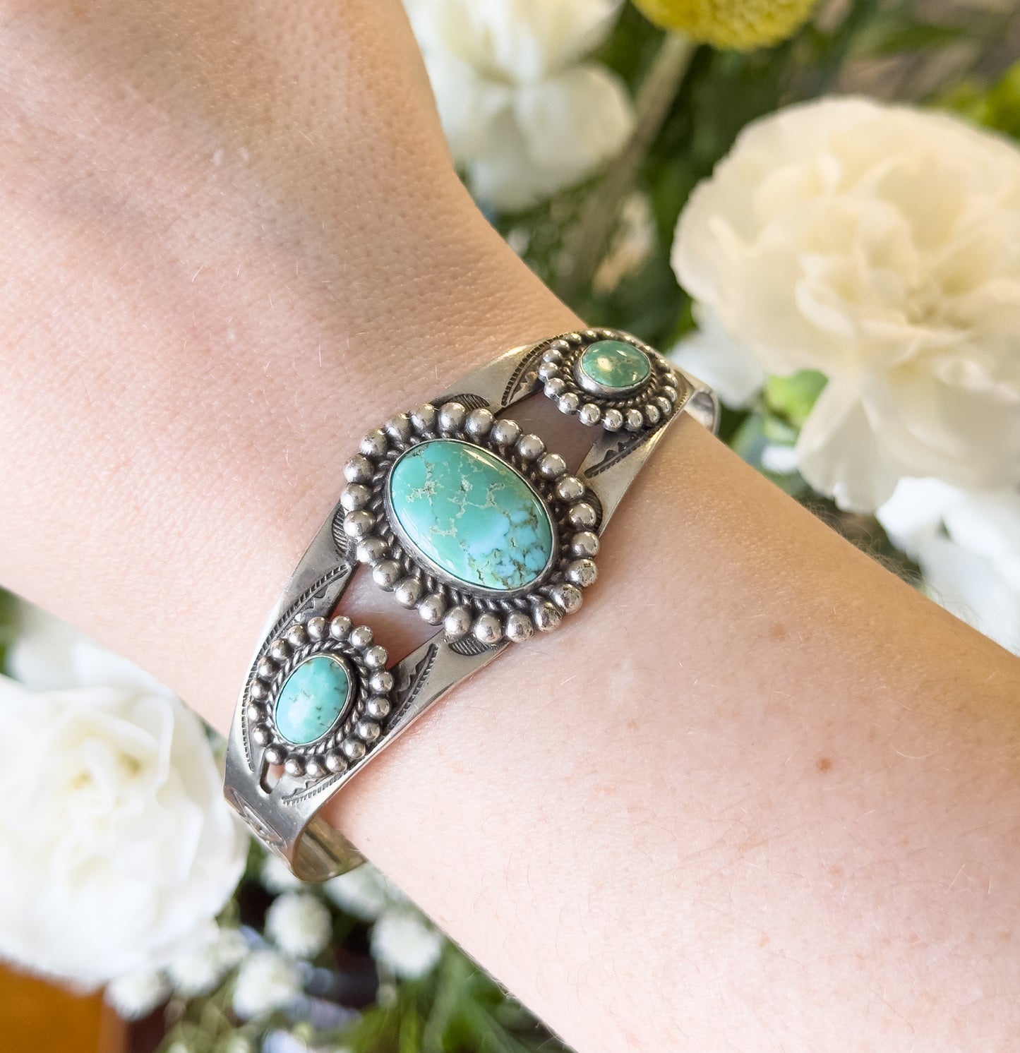 Vintage Turquoise Cabochon Cuff Bracelet in Sterling Silver