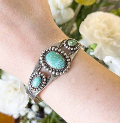 Vintage Turquoise Cabochon Cuff Bracelet in Sterling Silver