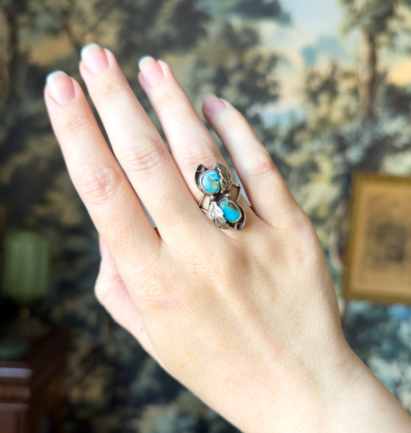 Mid-Century Native Southwestern Turquoise Duo Ring in Sterling Silver