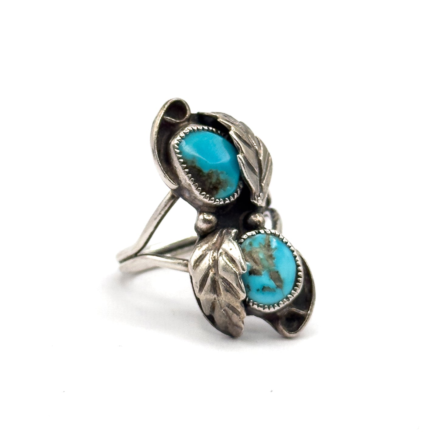 Mid-Century Native Southwestern Turquoise Duo Ring in Sterling Silver