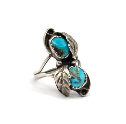 Mid-Century Native Southwestern Turquoise Duo Ring in Sterling Silver