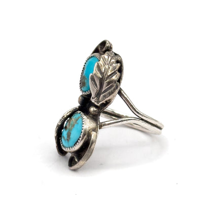 Mid-Century Native Southwestern Turquoise Duo Ring in Sterling Silver