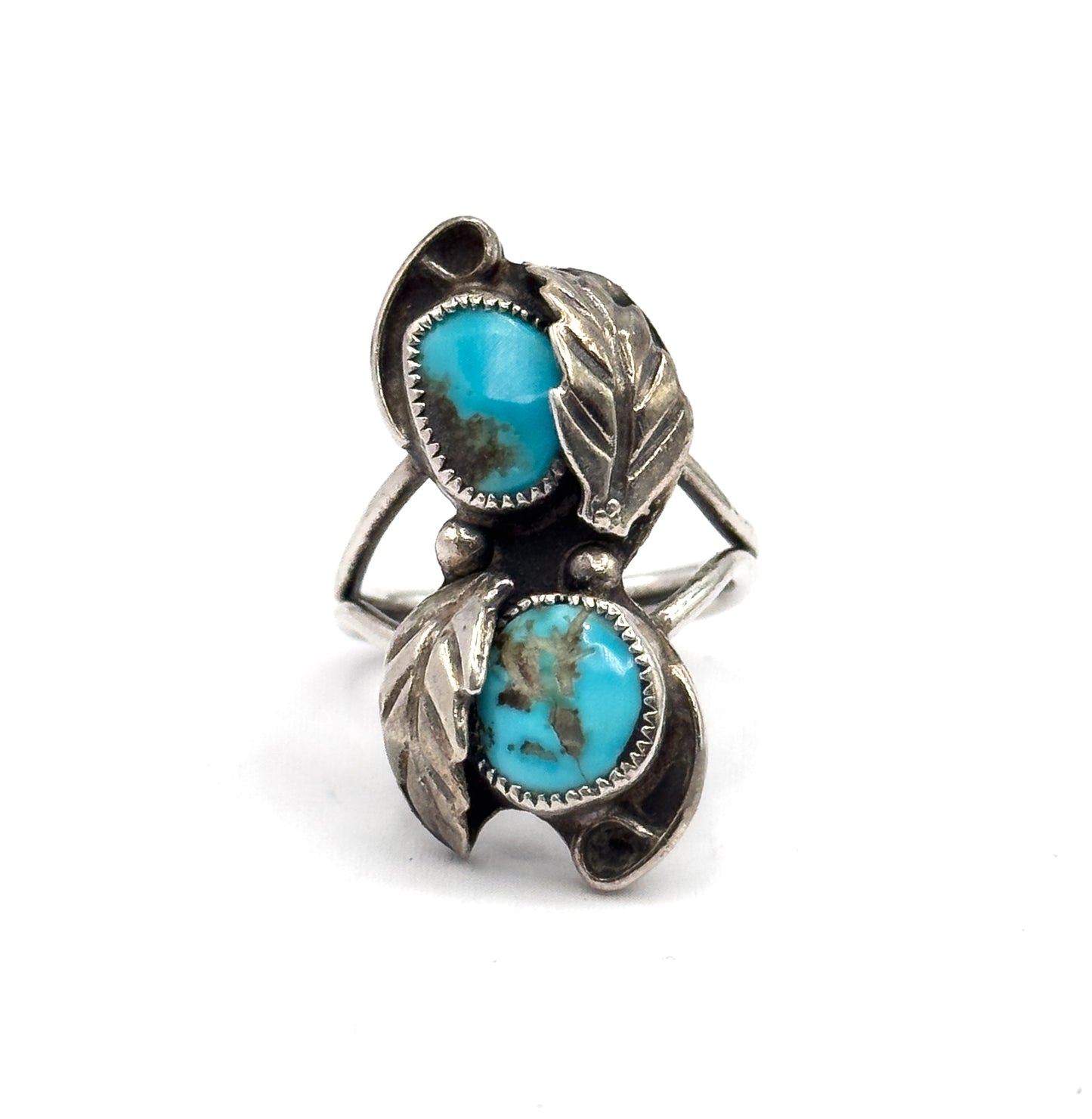 Mid-Century Native Southwestern Turquoise Duo Ring in Sterling Silver