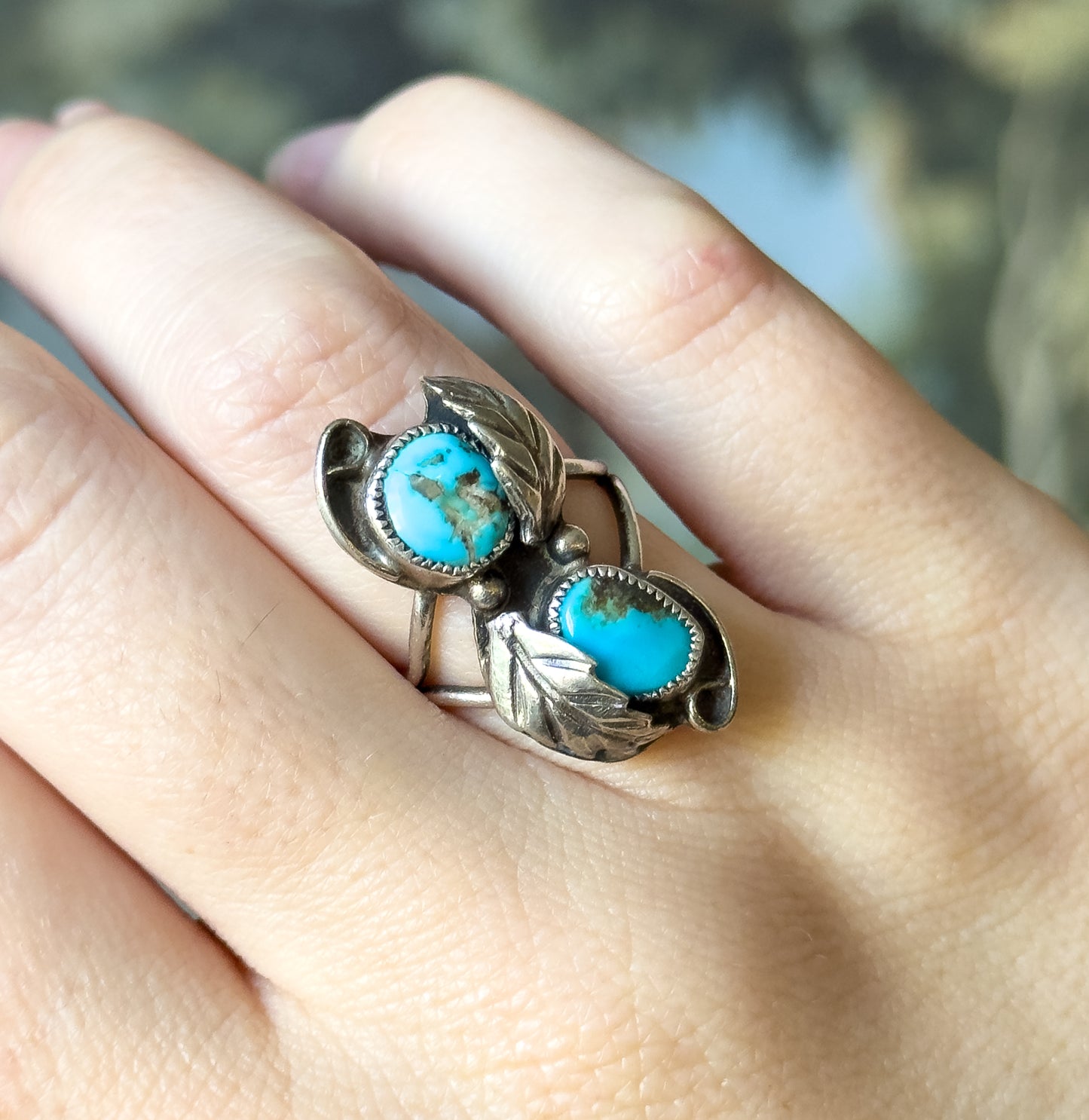 Mid-Century Native Southwestern Turquoise Duo Ring in Sterling Silver