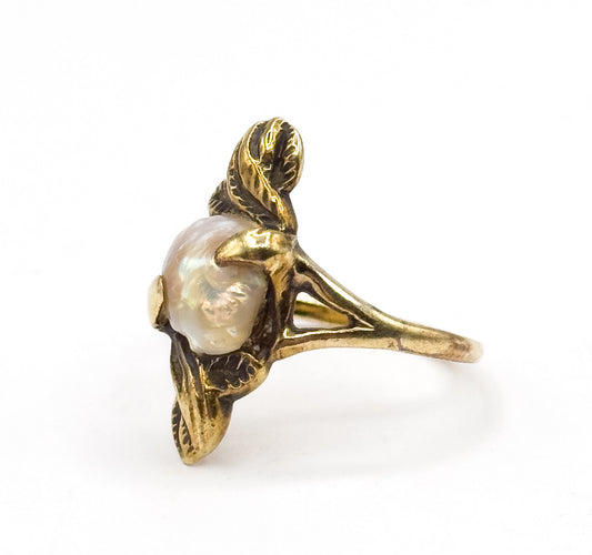 Art Nouveau Baroque Pearl Ring in 14K Yellow Gold